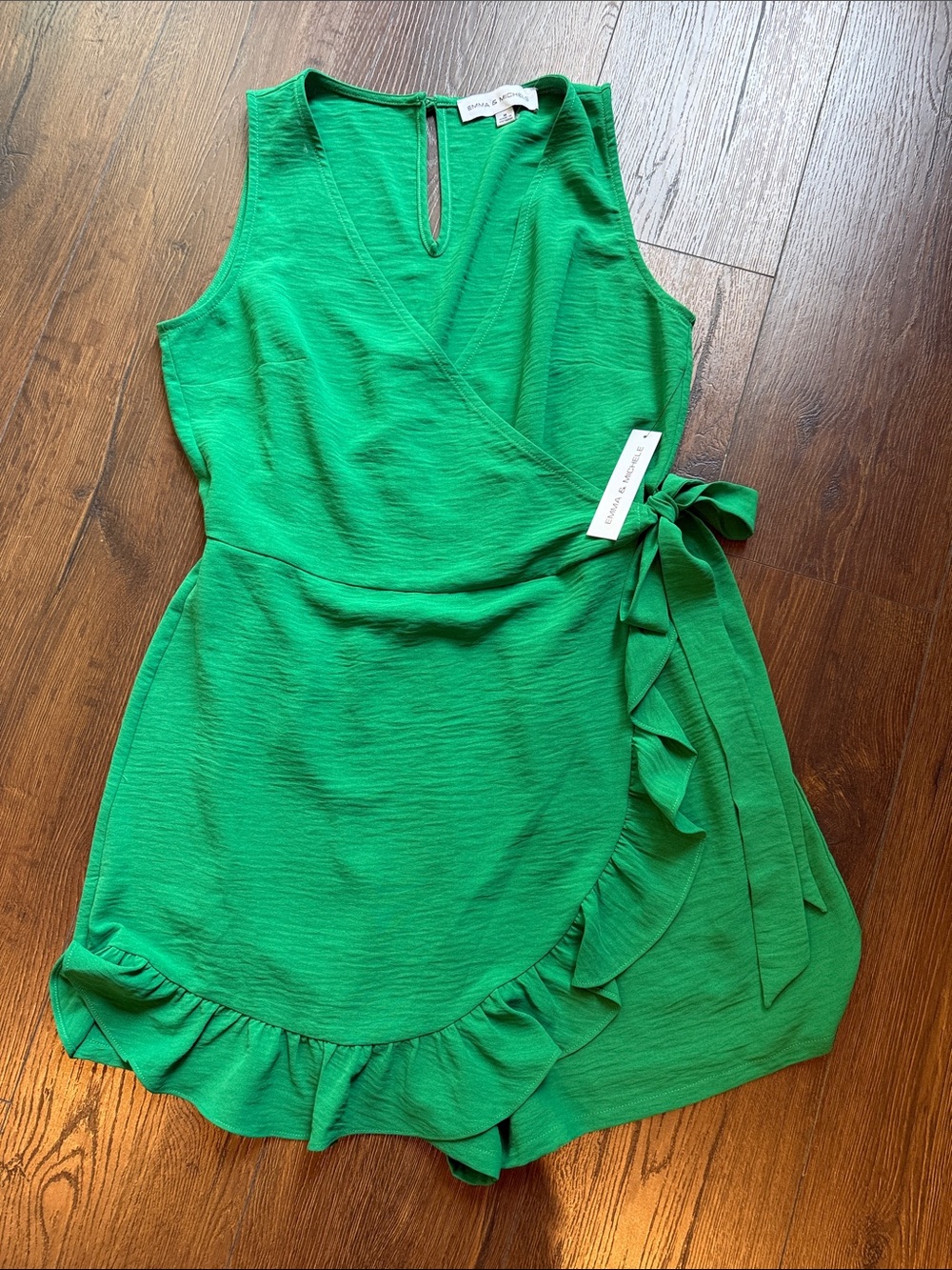 Emma & Michele Bright Green Wrap Romper with Ruffle Trim